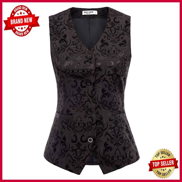Vintage Jacquard Waistcoat Vest Steampunk Button-Up Elegant Sleeveless Jacket